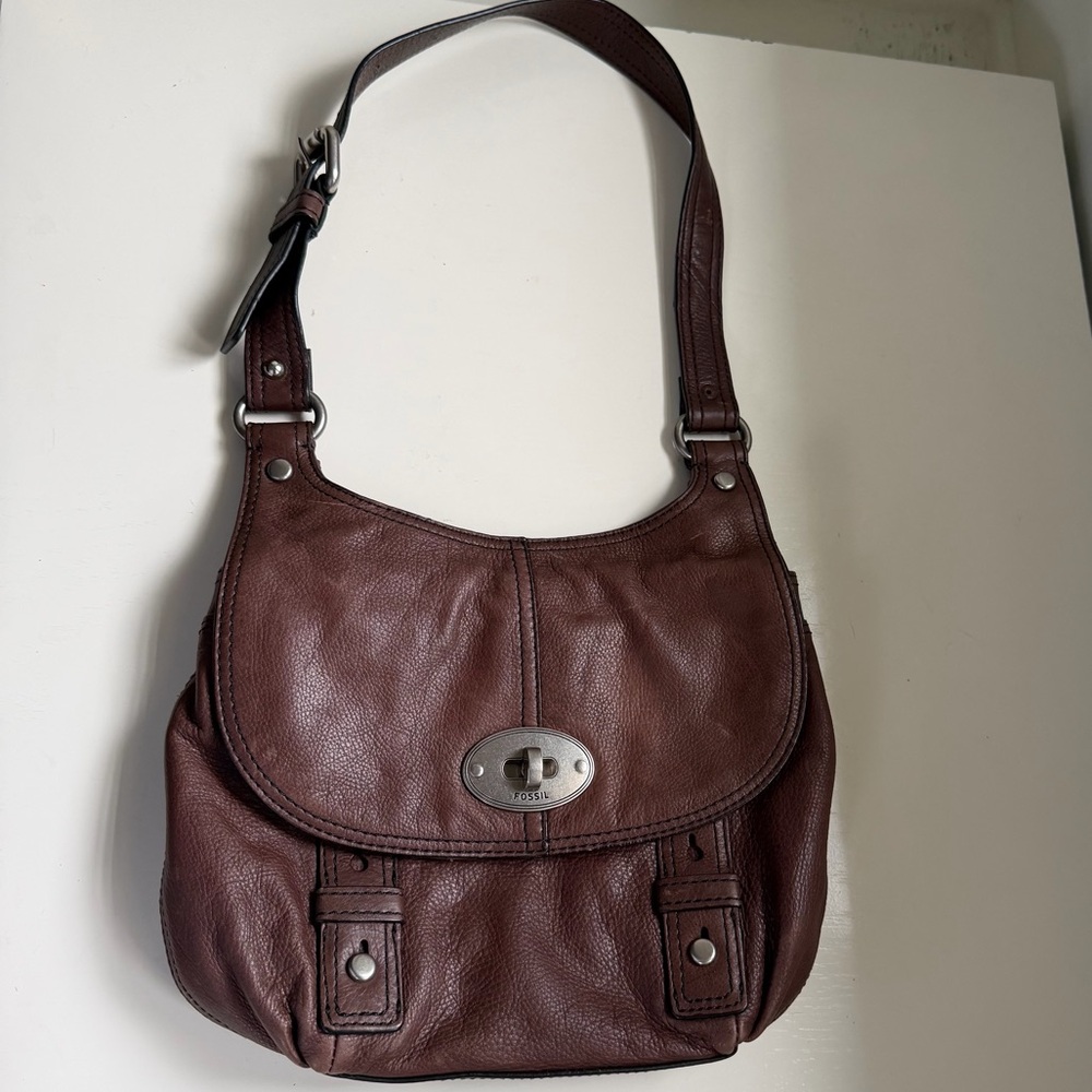 Fossil Vintage Y2K Shoulder Bag Purse Leather Turn Lock Brown Boho